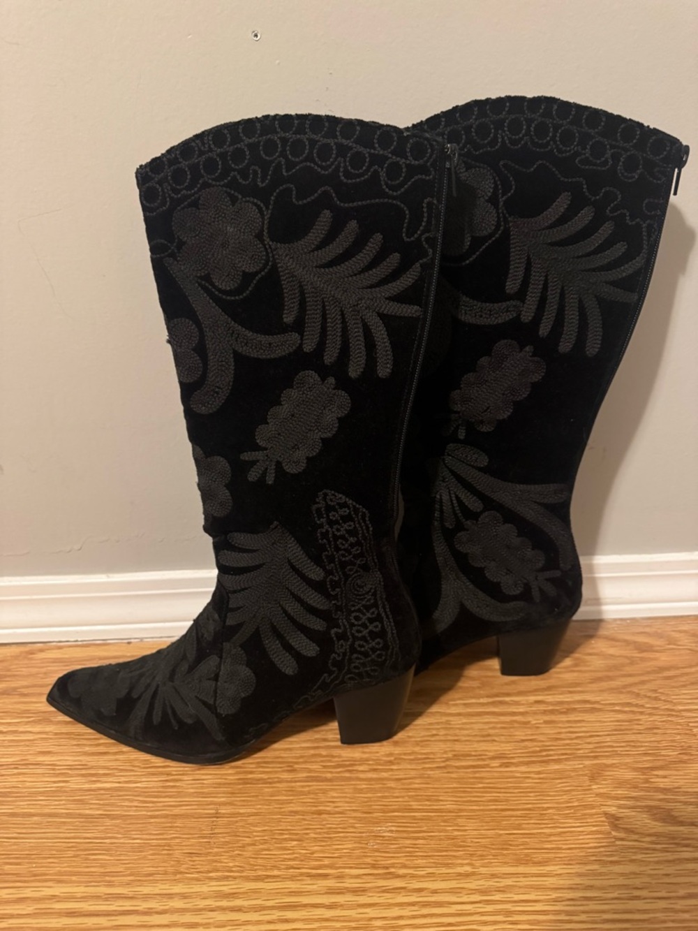 Julie Miles Knee High Black Embroidered Boots - Made in Turkey